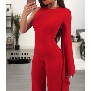 One shoulder, red hot jumpsuit